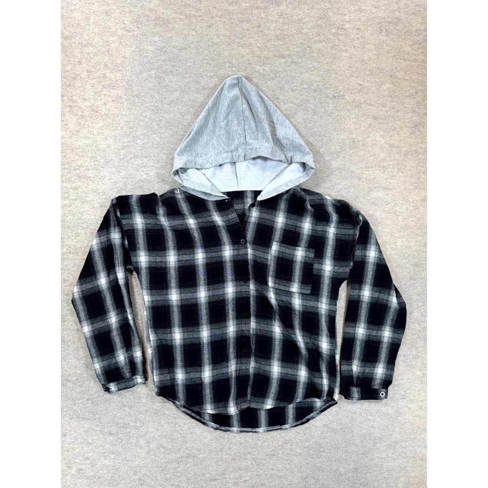 ROMWE Button Front Blouse Shirt Womens XL Black Gray Plaid Hooded Long Sleeve